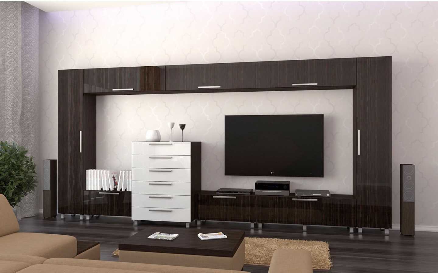 Современные стенки в гостиную (модульная, прямая, угловая, со шкафом) + 370 фото
