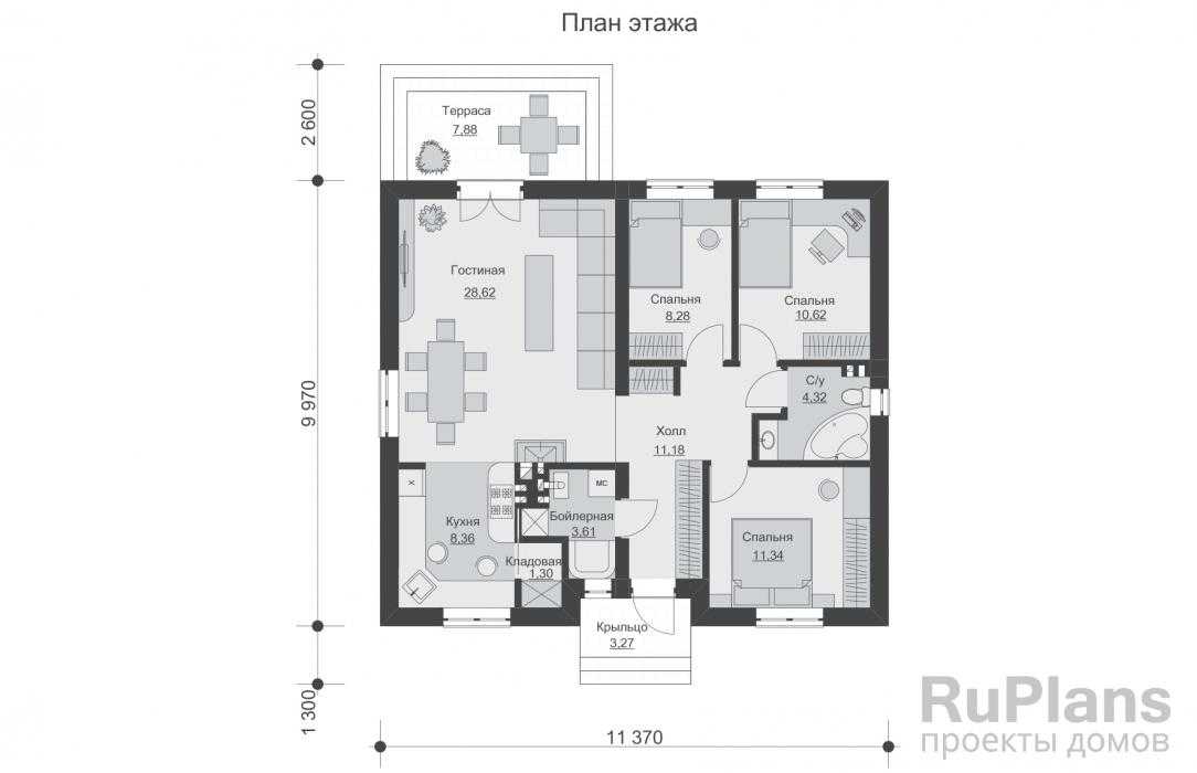 Одноэтажный дом с тремя спальнями: фото проекты и план дома